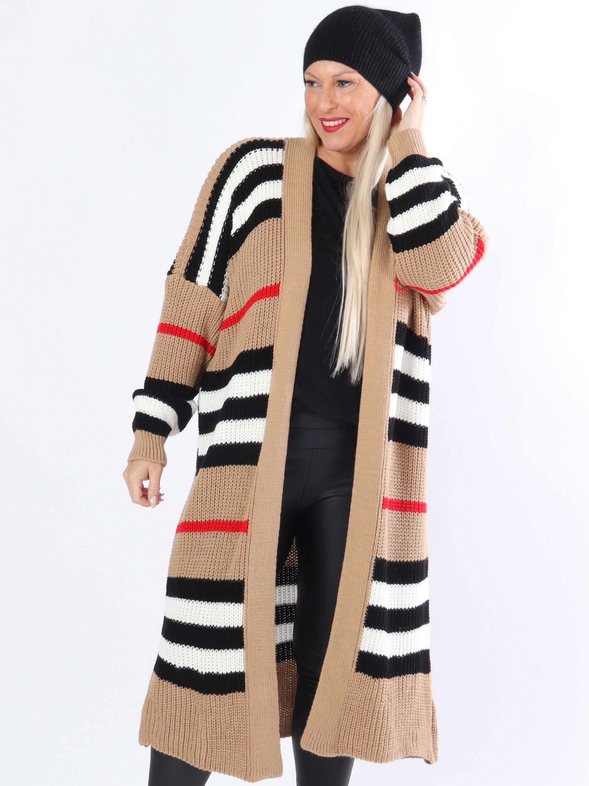 Mikla - Lång randig plus size kofta i stickad